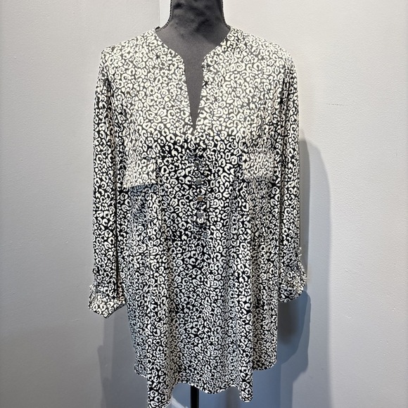 COCOMO BLACK & Tan Geometric Blouse Pintuck Pleated Pkts 3/4 Sleeves Sz3XL Flowy - Picture 1 of 11